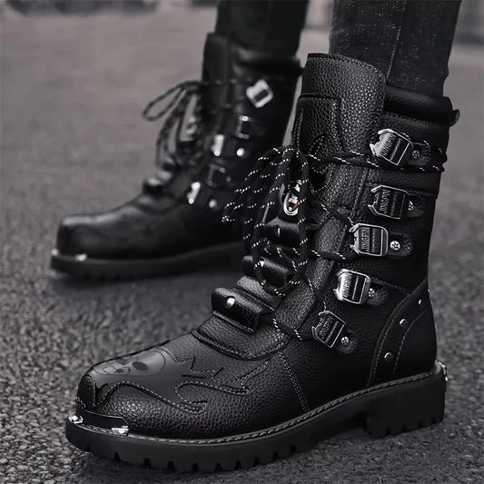 Men's Motorcycle Boots Outdoor Boots Four Season Fashion Cycling Shoes High Top Mens Casual Boot PU Leather Boots Plus Size 46