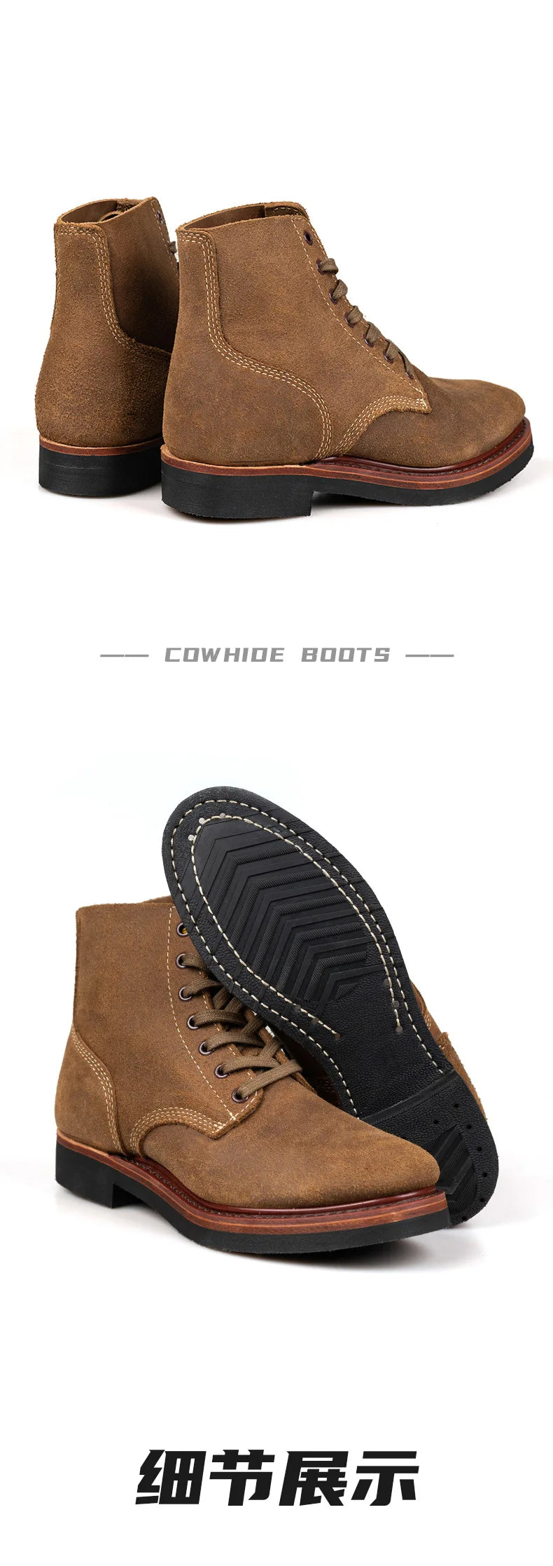 Retro Cowhide Motorcycle Boots High Top Motorbike Boots Durable Goodyear-Welted Moto Boots Wear-resistant Walking Shoes For Men