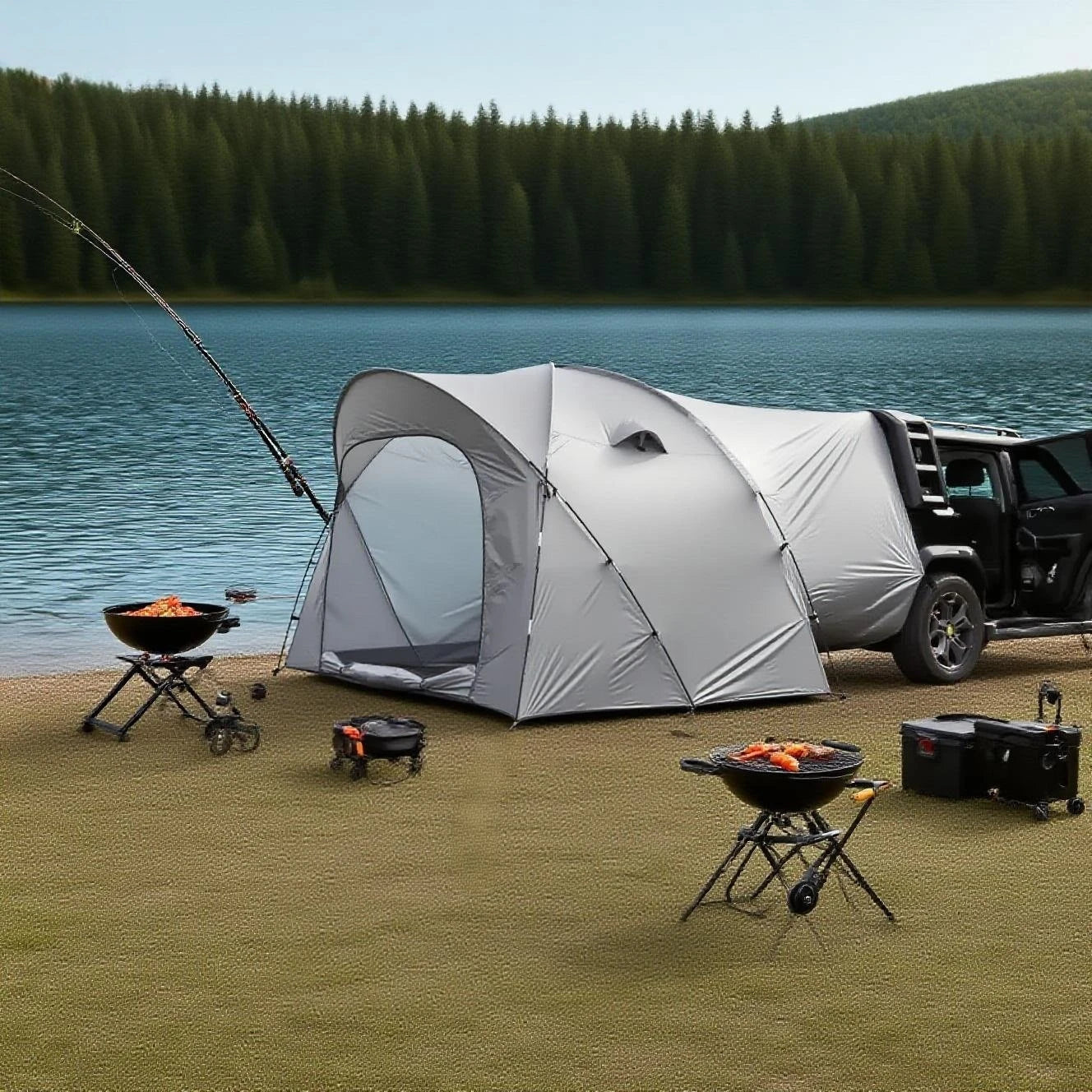 3-4 Person SUV Camping Tent PU4000 Waterproof with Mesh Bug Door, Cross-Ventilated Quick-Pitch Design, Built-In Floor