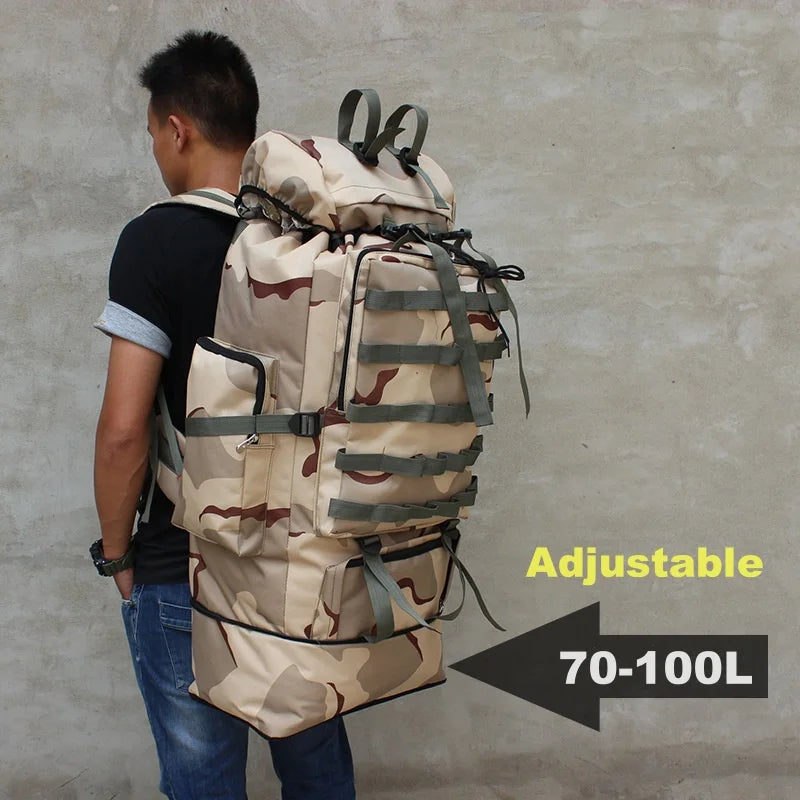 70-100L Outdoor Camping Travel Sports Backpack Military Camo Tactical Bag Large Capacity Waterproof Hiking Mountain Climbing Bag