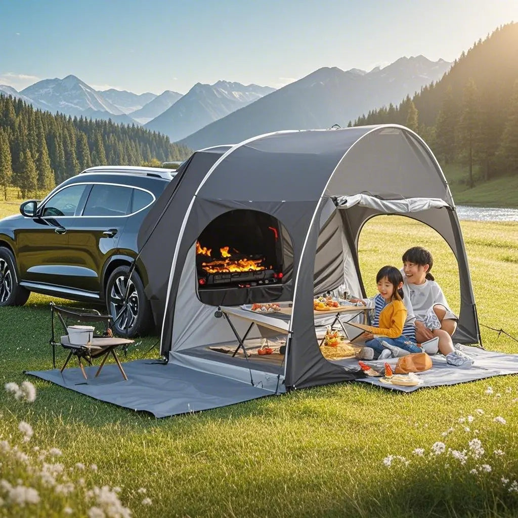 SUV Camping Tents Car Tent with Porch Vestibule Awning Shelter, 4 Person SUV Tent for Car Camping Universal Fits All SUVs Vans