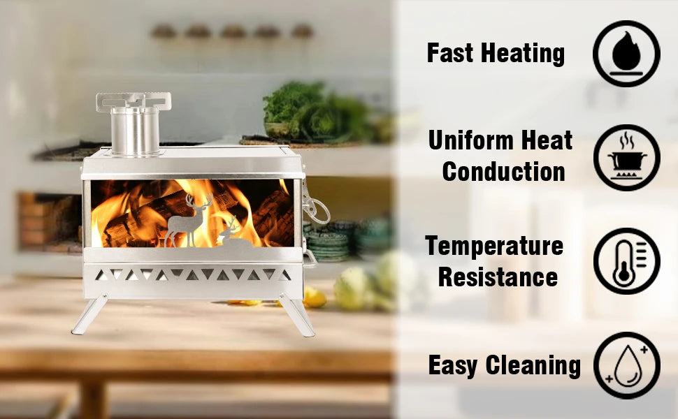 Firewood Stove Outdoor Portable Stainless Steel Burner Desktop Heater with Collapsible Legs for Camping Hiking Barbecue Travel