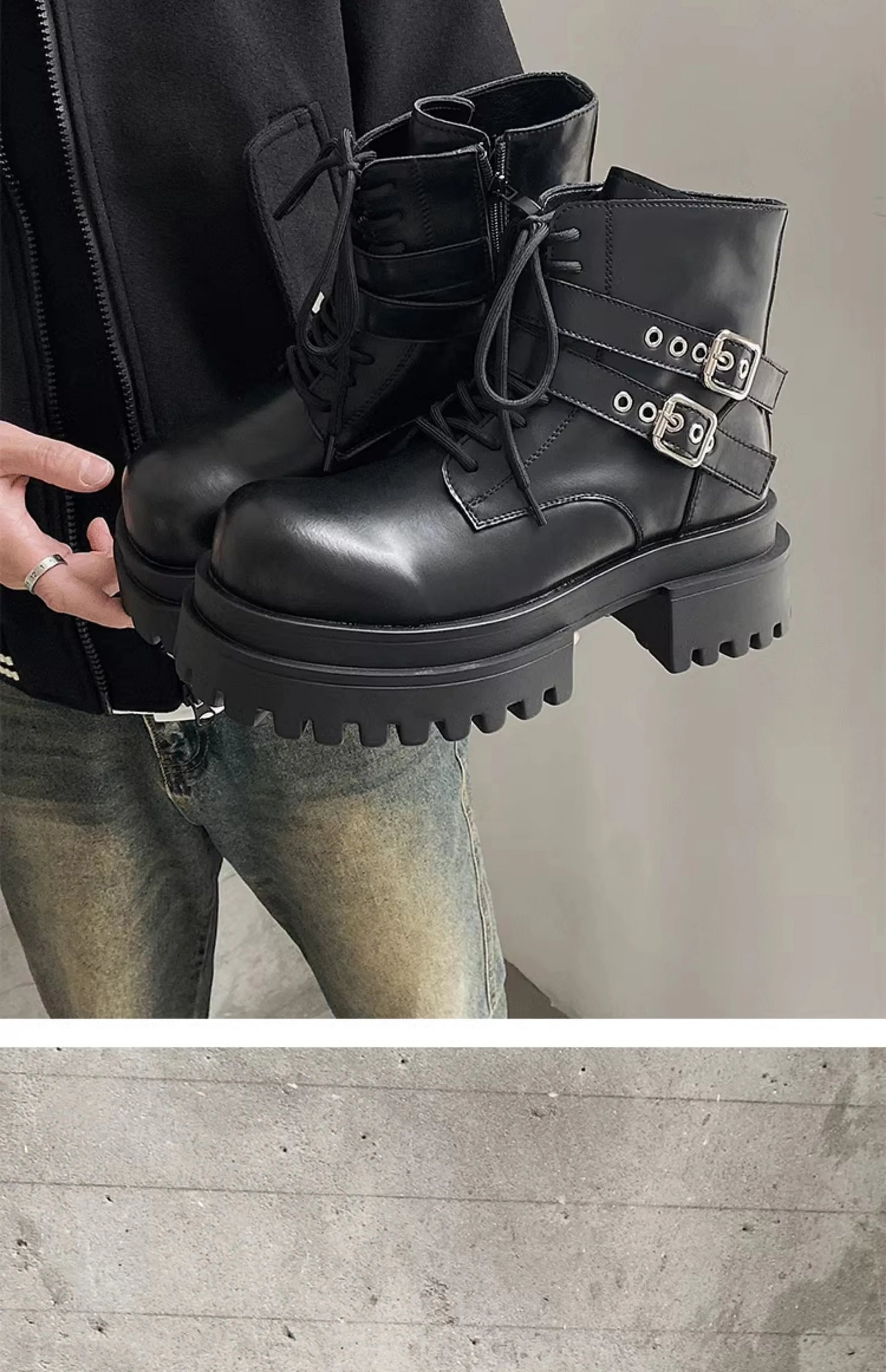 Height increased by 7CM short leather boots for men's dark punk functional motorcycle boots commuting buckle work clothes shoes