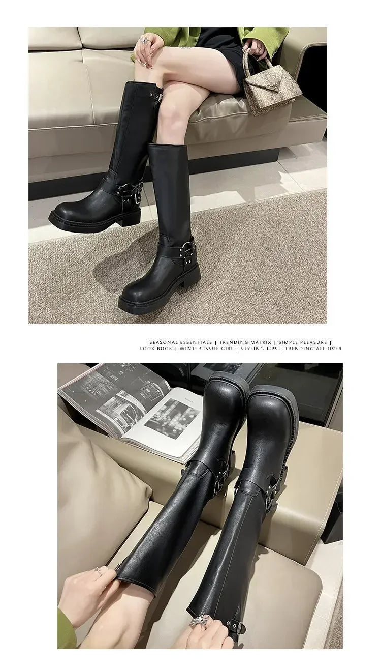 WOMEN'S platform knee-high Knight casual long boots chunky vintage fashion buckle luxury designer Western cowboy woman shoes