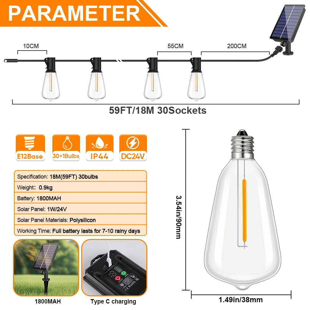 ST38 LED Solar String Light Dimmable Outdoor Shatterproof Garden Solar Powered String Lights with Remote Bistro Cafe Camping Dec