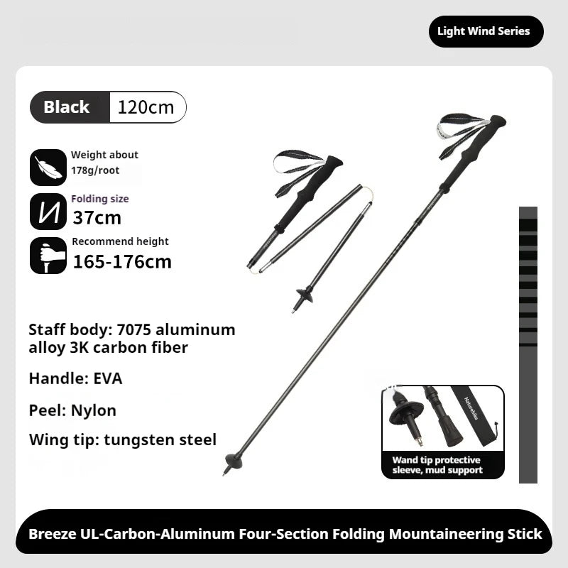 Naturehike Outdoor Alpenstock Carbon 4-sections Foldable Aluminum Alloy Ultralight Trekking Pole Adjustable Hiking Walking Stick