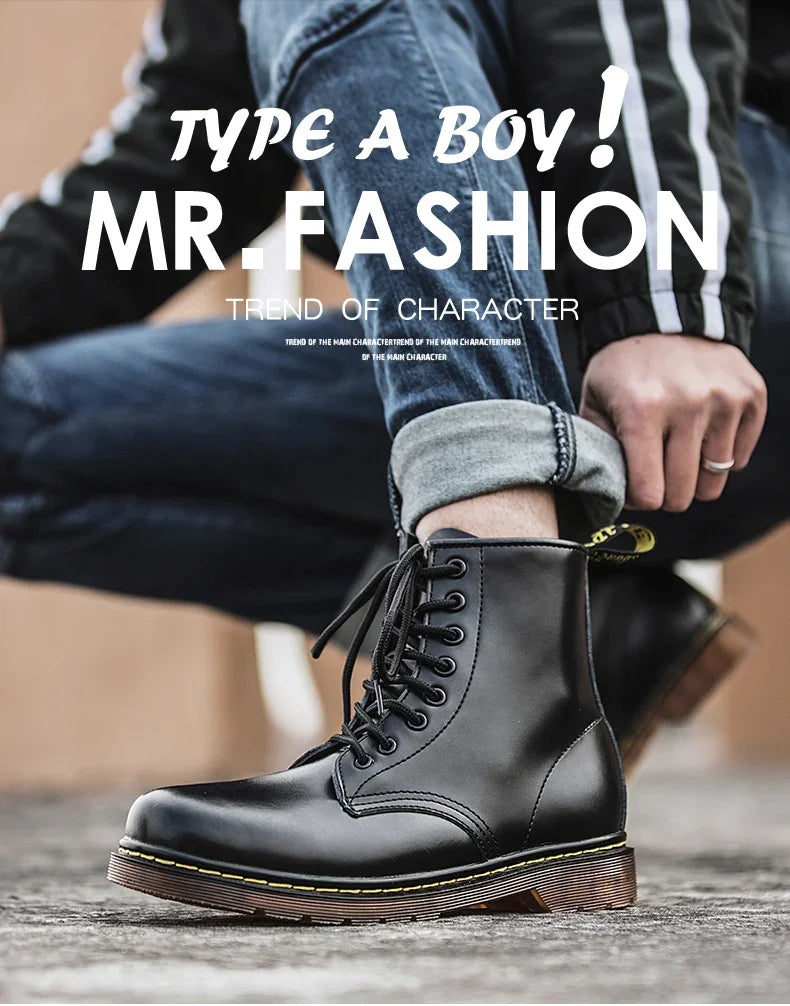 New Couple Boots Genuine Leather Motorcycle Shoes Breathable Waterproof Anti-Slip Warm Cotton Men's Women's Fashion Ankle Boots