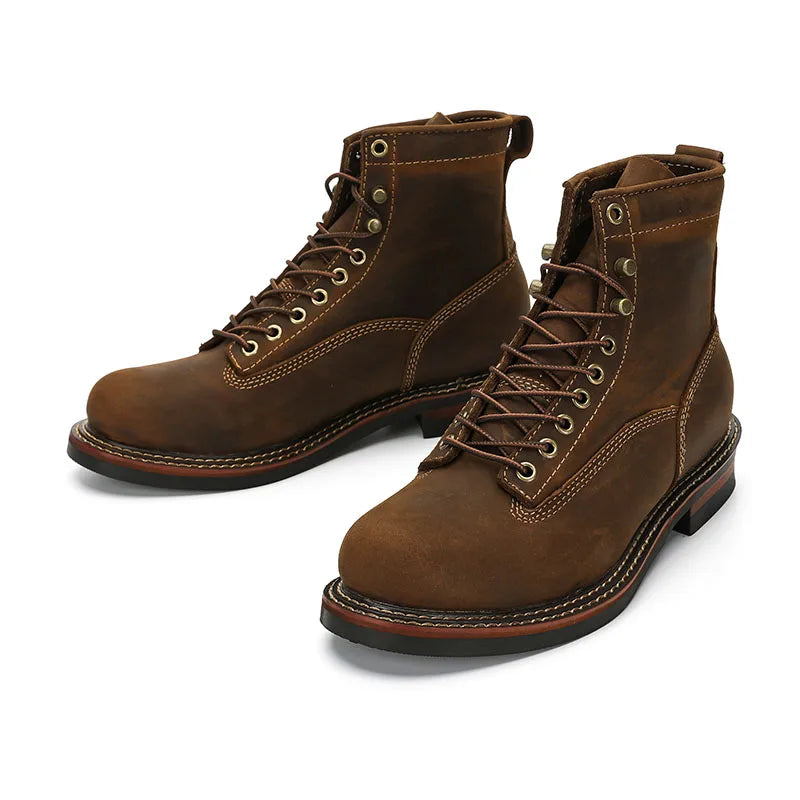 European Short-faced Leather Motorcycle Riding Boots Top Layer Cowhide Men's  Autumn Winter British Trendy Outdoor Shoes Male