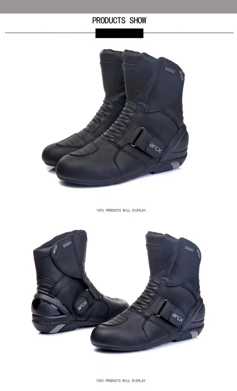 ARCX Motorcycle Boots Genuine Cow Leather Motocross Boots waterproof Moto Boots Motorbike Riding Boots Black Botas Moto