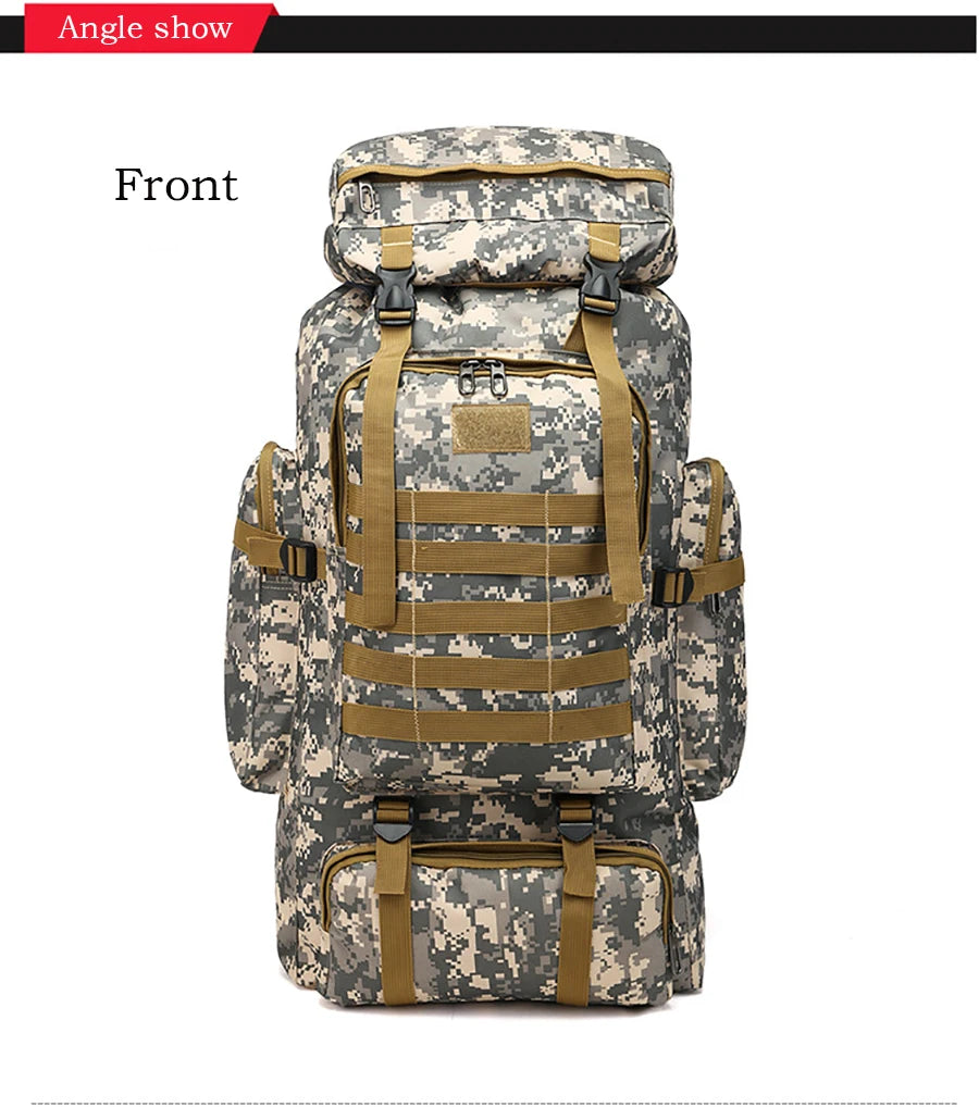 80L Waterproof Molle Camo Tactical Backpack Military Army Hiking Camping Backpack Travel Rucksack Outdoor Sports Climbing Bag