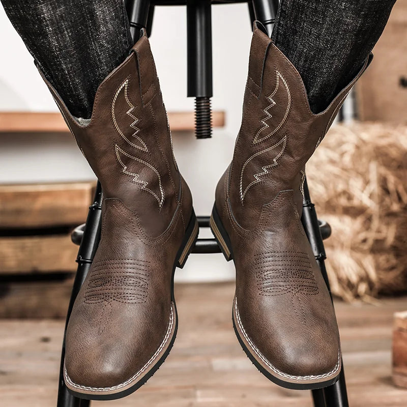 Western Style Cowboy Chelsea Boots Vintage Mid-calf Boots Pointed Toes Classical Shoes Genuine Leather Worker Winter Booties