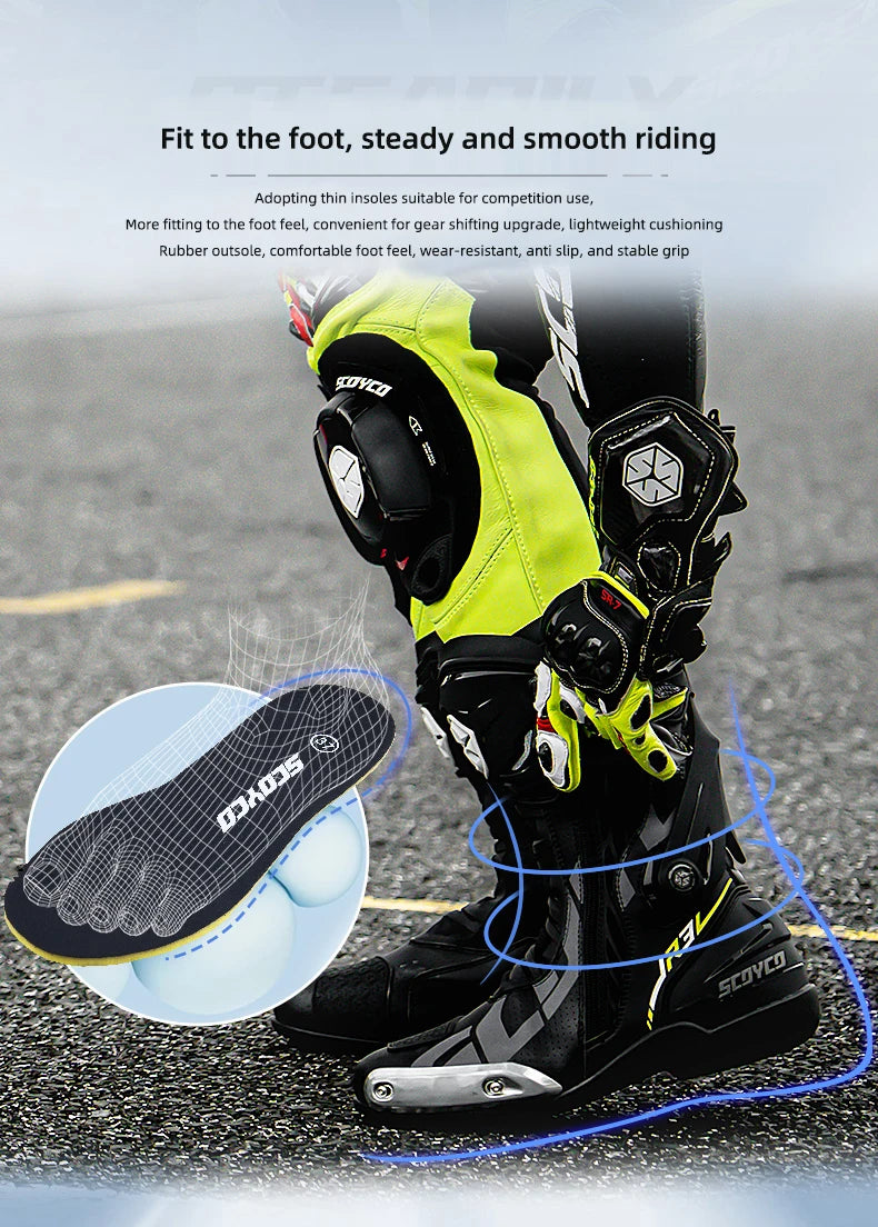 SCOYCO Motorcycle Boots Men Non-slip Anti-fall Professional Motorbike Racing Track Long Boots Mid-Calf Riding Protective Shoes