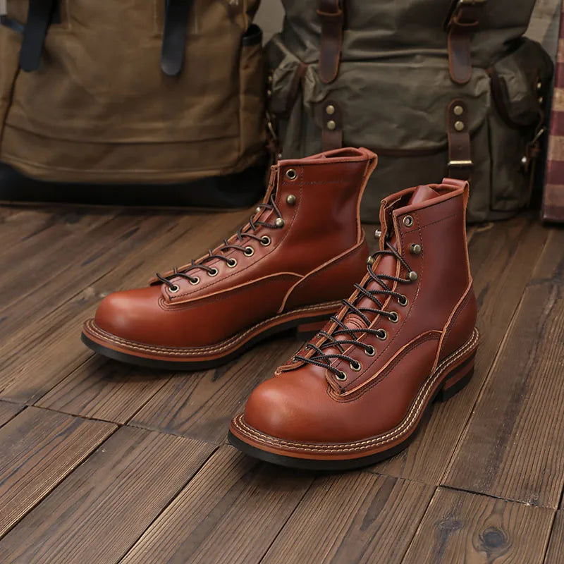 European Short-faced Leather Motorcycle Riding Boots Top Layer Cowhide Men's  Autumn Winter British Trendy Outdoor Shoes Male