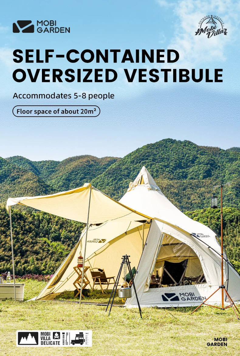 MOBI GARDEN Era290 Outdoor Family Pyramid Camping Tent 5-8 Person Large Space Lobby Sun Shelter Thickened Cotton Portable Tent