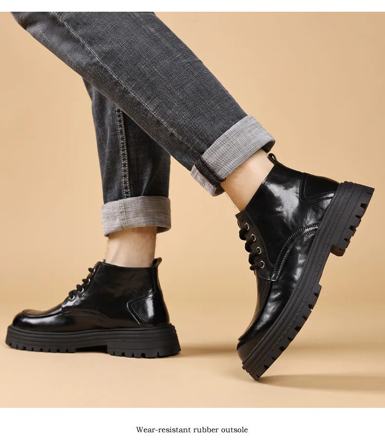 Outdoor Men High Top Leather Shoes Classic Black Leather Boots Motorcycle Breathable Riding Mid-calf Ankle Boots Warm Work Shoes