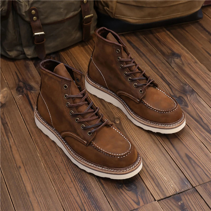 1907 Vintage Unisex Men Shoes Ankle Boots Handmade Autumn Winter Cow Leather Shoes Wings Round Toe Tooling Motorcycle Boots