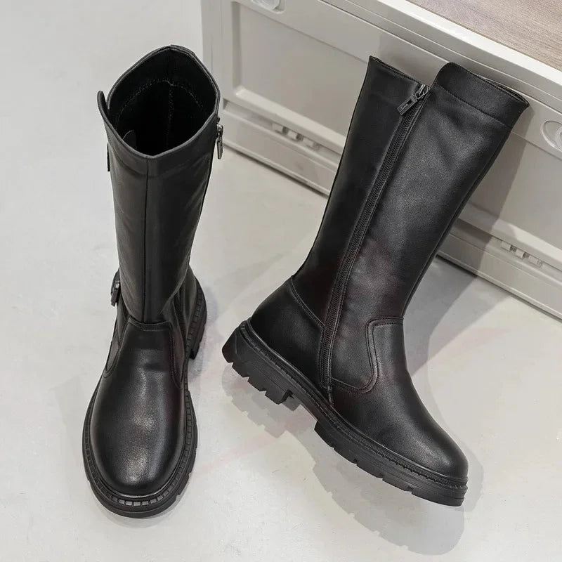 Winter Men's Boots Mid Calf Basic Motorcycle New Fashion Military Parade Boots Knight Thick Soled Long Boots Men's Shoes Black