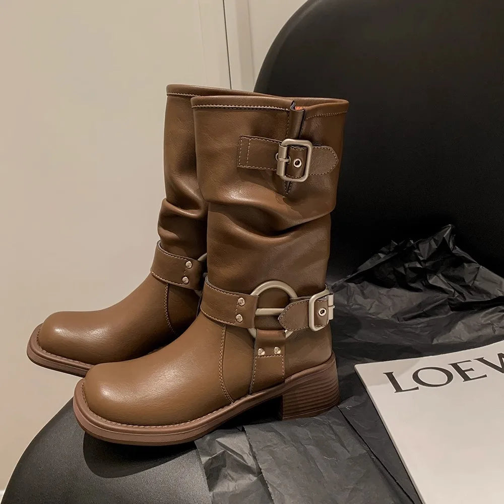 Fashion Buckle Motorcycle Boots Women Round Toe Med Heels Ankle Boots Woman 2024 Pu Leather Square Heel Autumn Platform Shoes