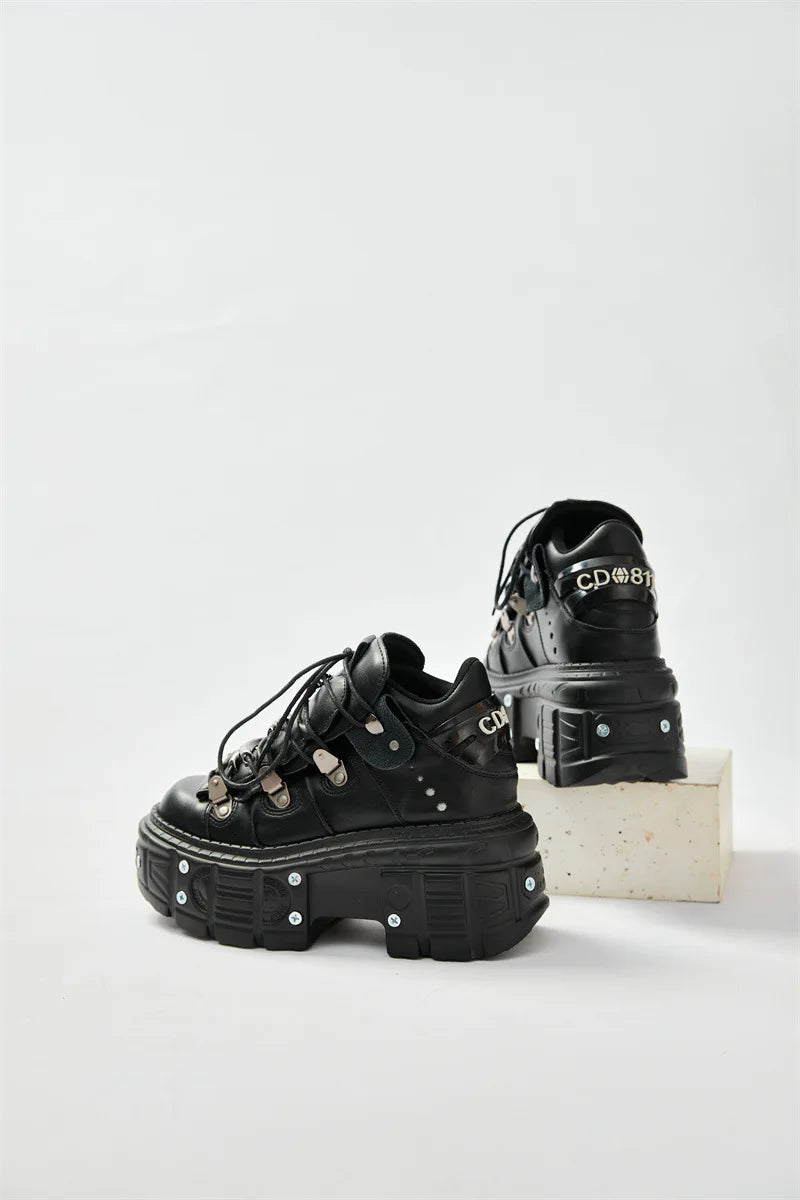 2025 New Punk Style Women Black Rock Metal Decor Lace-up Heel Height Platform Shoes Gothic Man Sneakers Women Ankle Boots
