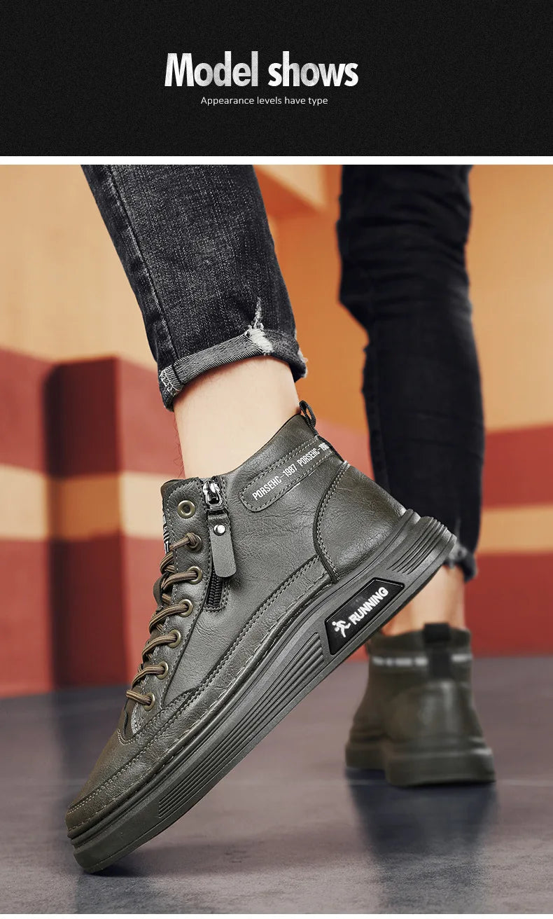 Leather Boots for Men Zipper Man Sneakers Fashion Ankle Boots High Top Man Boots Solid Sports Shoes 2024 Trend Motorcycle Boot