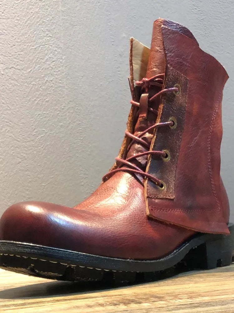 Handmade Vintage Round Toe Mens High Top Work Safety Shoes Cowhide Genuine Leather Ankle Boots Lace Up Motorcycle Riding Boots