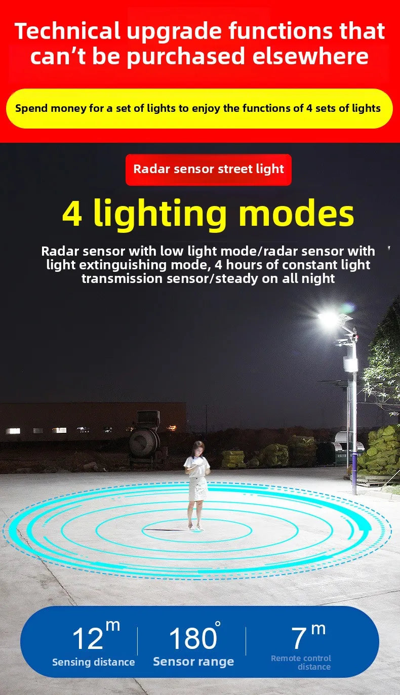 150W Powerful Solar Street Light Remote Control LED Metal Shell Radar Induction Wall Light Outdoor Lighting Split Garden Light