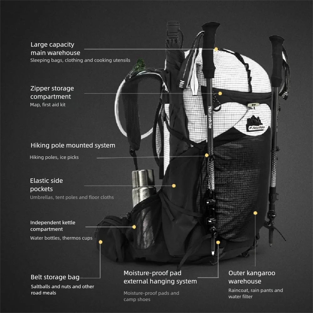 Naturehike Helium Series 40L Hiking Backpack Waterproof Wear Resistant Outdoor Travel Sport Climbing Shoulder Bag With RainCover