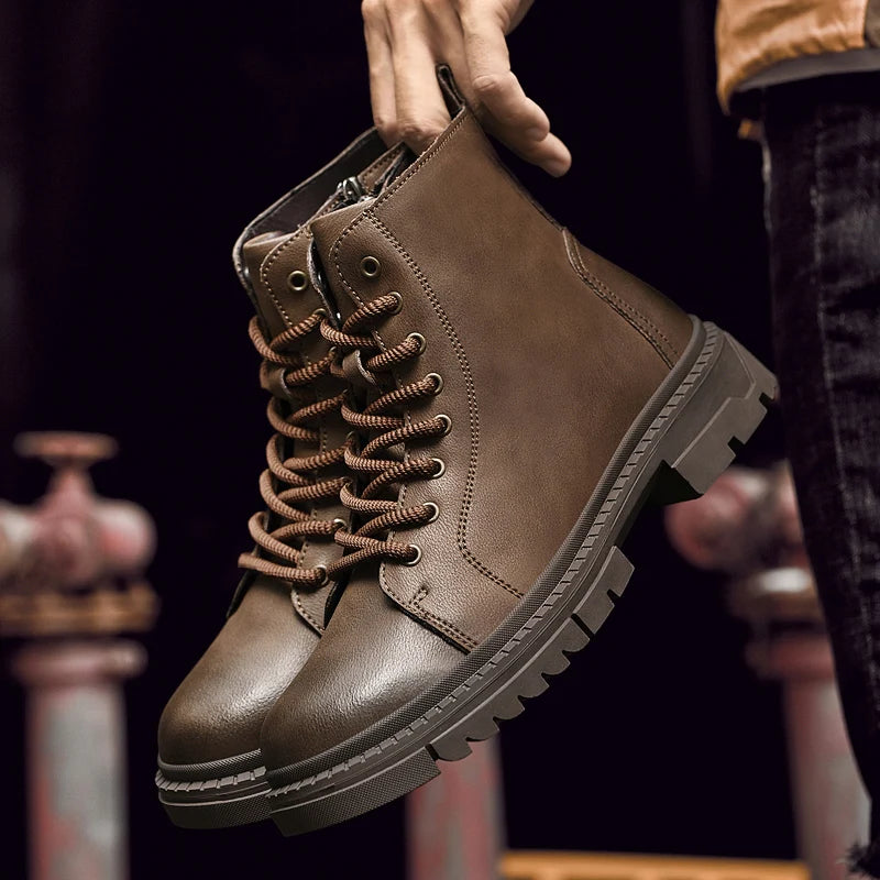 Men's Lace Up Walking Flat Bottom Short Boots Men's Chelsea Boots High-quality Brand Motorcycle Boots New High Top Casual Shoes