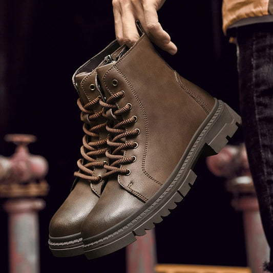 Men's Lace Up Walking Flat Bottom Short Boots Men's Chelsea Boots High-quality Brand Motorcycle Boots New High Top Casual Shoes