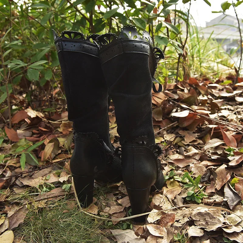 Women Lace Women's High Heel Middle Tube Boots Retro Leather Winter Shoes Booties Cowboy