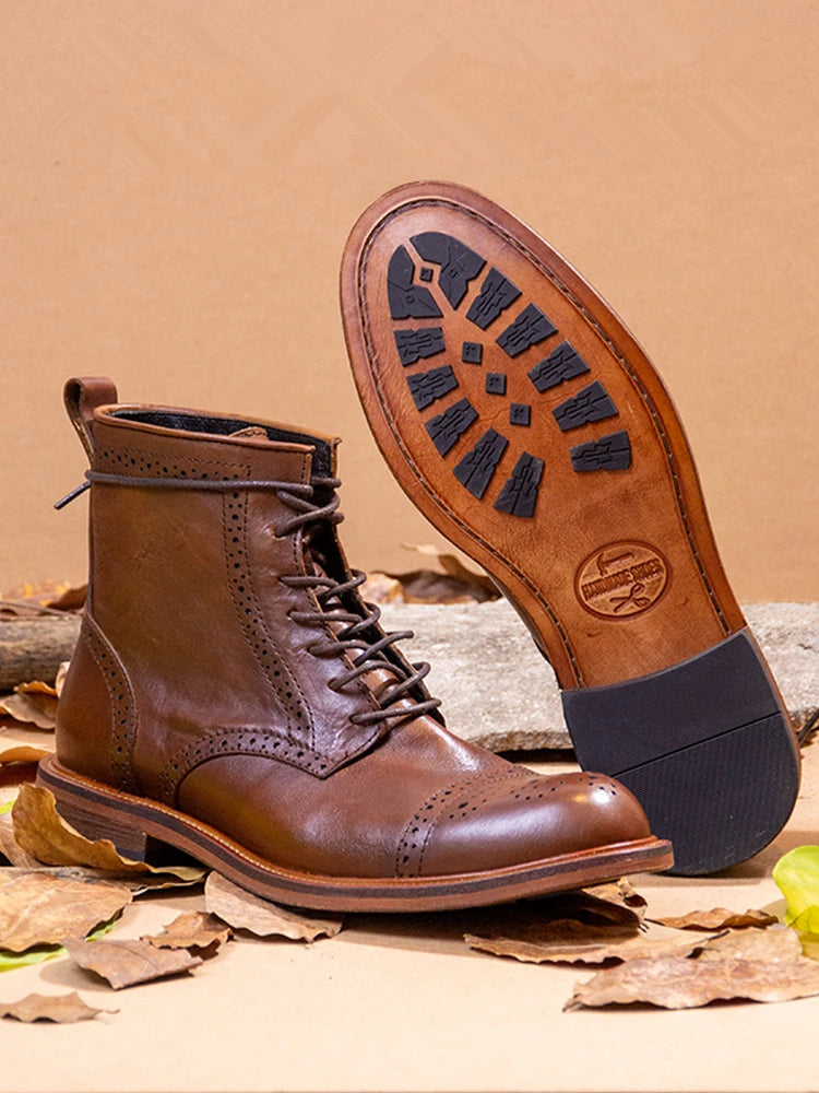 US 6-10 Business Man Mature Office Carving Brogue Shoes Men's Cowhide Top Layer Retro Genuine Leather Suit Boots