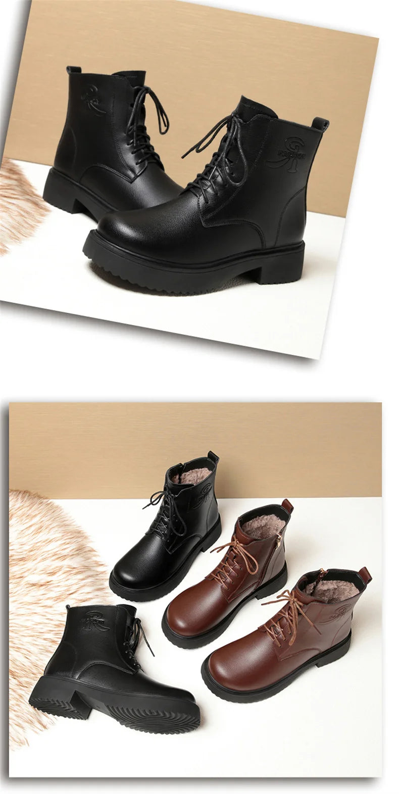 Women Winter Warm Velvet Ankle Boots Lace up Soft Leather Thick Bottom New Fashion Anti-slip Motorcycle Short Boots