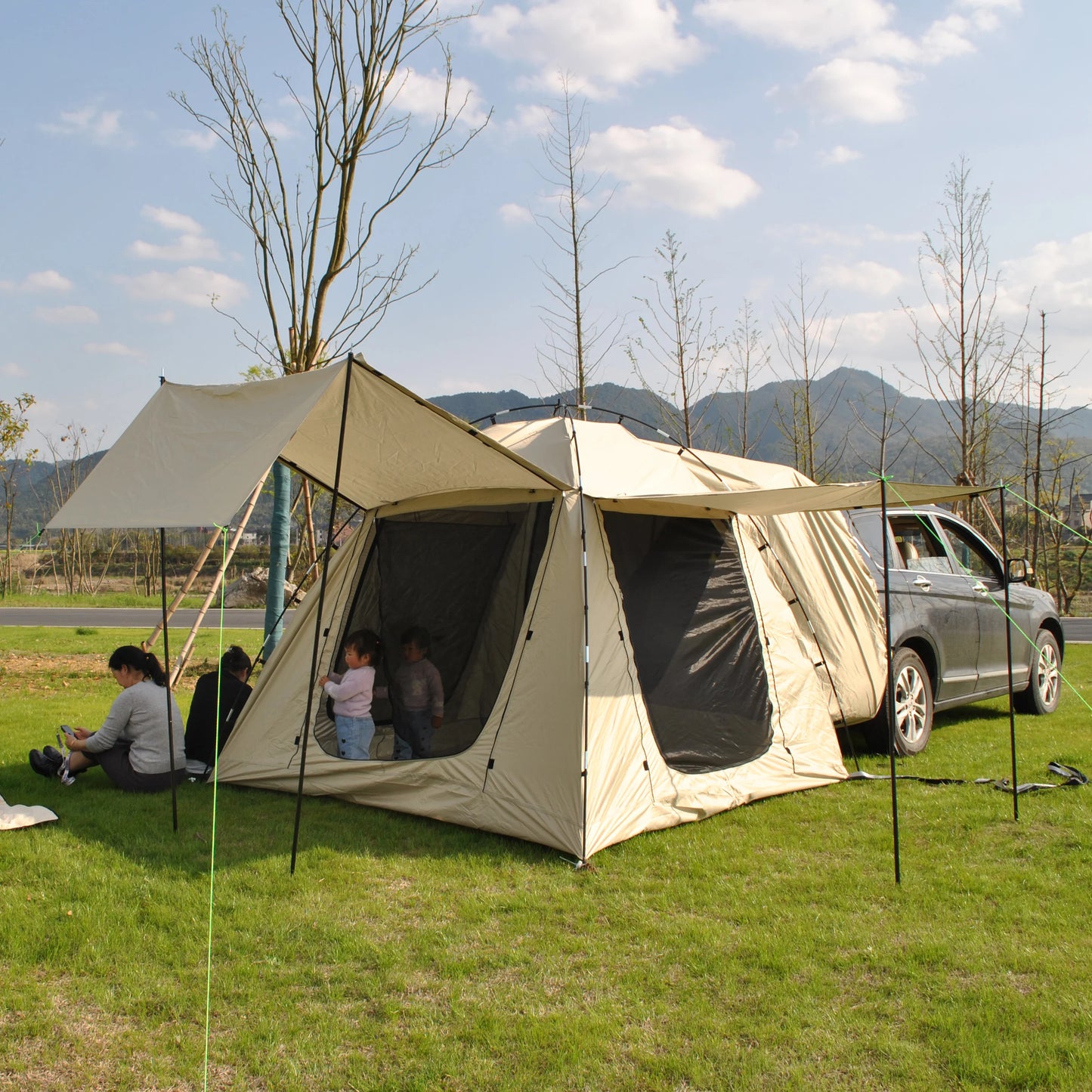 Car Rear Tent with Large Awning, Rear Tailgate Tents with Floor, 4 Person Family Camping, PU4000 Waterproof Fabric