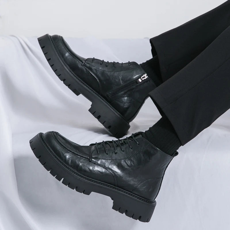 Fashion Men's Genuine Leather Casual Shoes Classic Outdoor Workwear Shoes Men's Motorcycle Boots Handsome Height Increasing