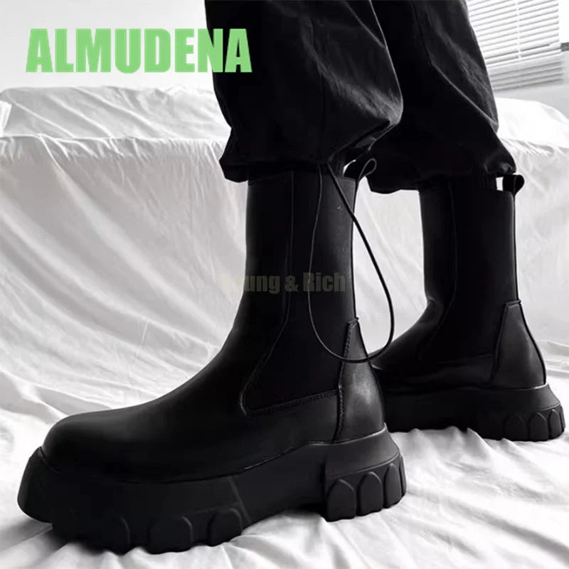 Thick Soled Chelsea Boots Men's Trendy High Top Boots Retro Handsome Motorcycle Boots Versatile Ankle Boots and Short Boots