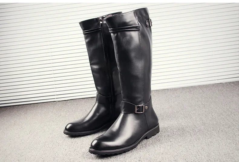 Pop British Mens Black Leather Knee High Boots Desiger Zip Long Motorcycle Shoes Antique Cosplay Stage Botas Casual Comfort Zapa