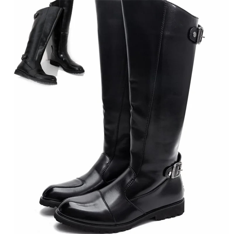 New Arrival Black Long Knee Boots Men Round Toe Buckle High Top Casual PU leather Shoes Man Motorcycle Boots Size 37-46