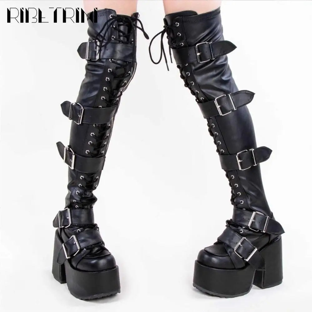 Punk Goth Women Motorcycle Boots Block High Heels Platform Shoes  Woman 2024 New Brand Luxury Fashion Design Cool Street Boots