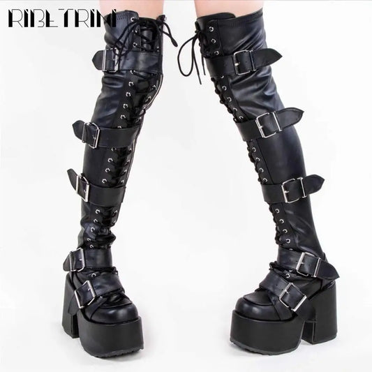 Punk Goth Women Motorcycle Boots Block High Heels Platform Shoes  Woman 2024 New Brand Luxury Fashion Design Cool Street Boots