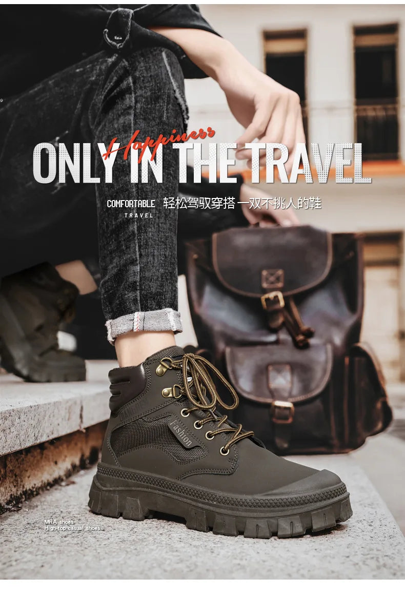 Men's Boots Fashion Motorcycle Ankle Boots High Top Casual Shoes for Men Lace Up Platform Boot Non Slip Hiking Boot Botas Hombre