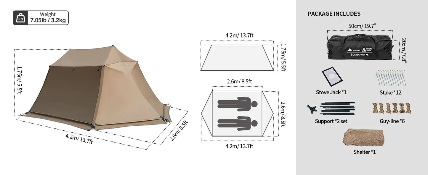 OneTigris Scarecrow Hot Tent Lightweight 2 Persons Shelter Tents with Stove Jack for Bushcrafters Survivalists Camping Hiking