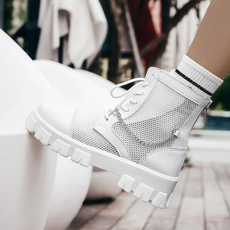 2024 New Summer Men's Boots Thick Bottom Mesh Surface Breathable Hollow Out Chain Short Boot Male Autumn Fashion Casual Shoes