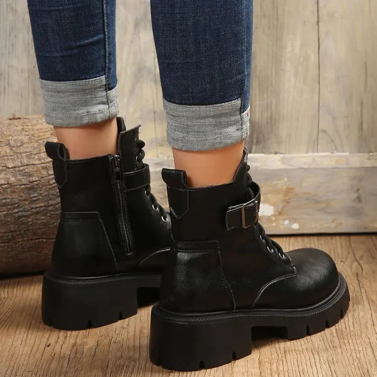 Platform Women Boots Fashion High Quality Women Ankle Boots Retro Round Toe  Motorcycle Boots Punk Style Women Shoes Botas Mujer