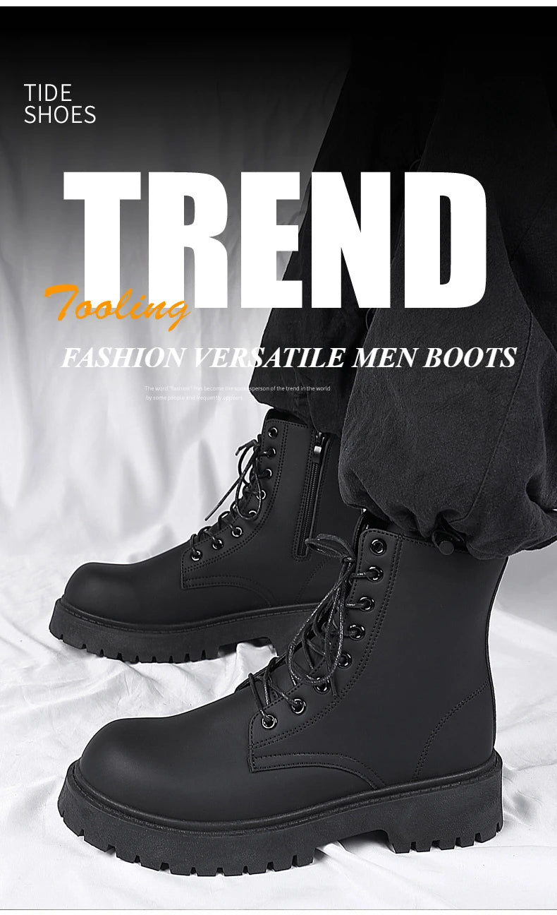 Black Leather Boots for Men High Top Platform Lace Up Light Fashion Motorcycle Boots British Style Men's Waterproof Casual Boots