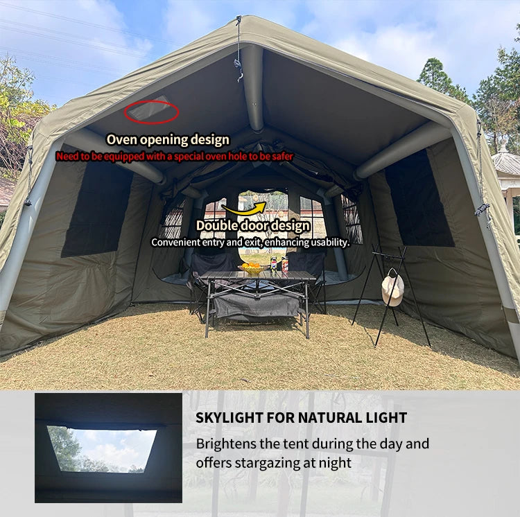 Manufacturer Waterproof Air Tent Outdoor 210g polyester-cotton Glamping Inflatable winter camping Tent 10-12 people frame tent