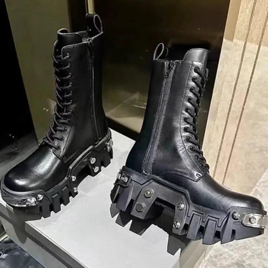 2025 new fashion platform women's retro punk tooling couple dark rock locomotive boots trendy shoes