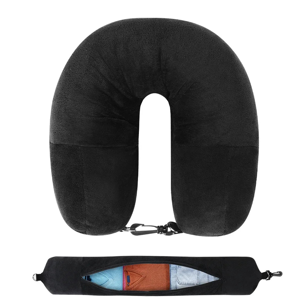 Travel Neck Pillow with Fillable Clothing U-Shaped Pillowcase, Extra Storage Bag, Velvet Neck Pillow Cover for Airplane Travel