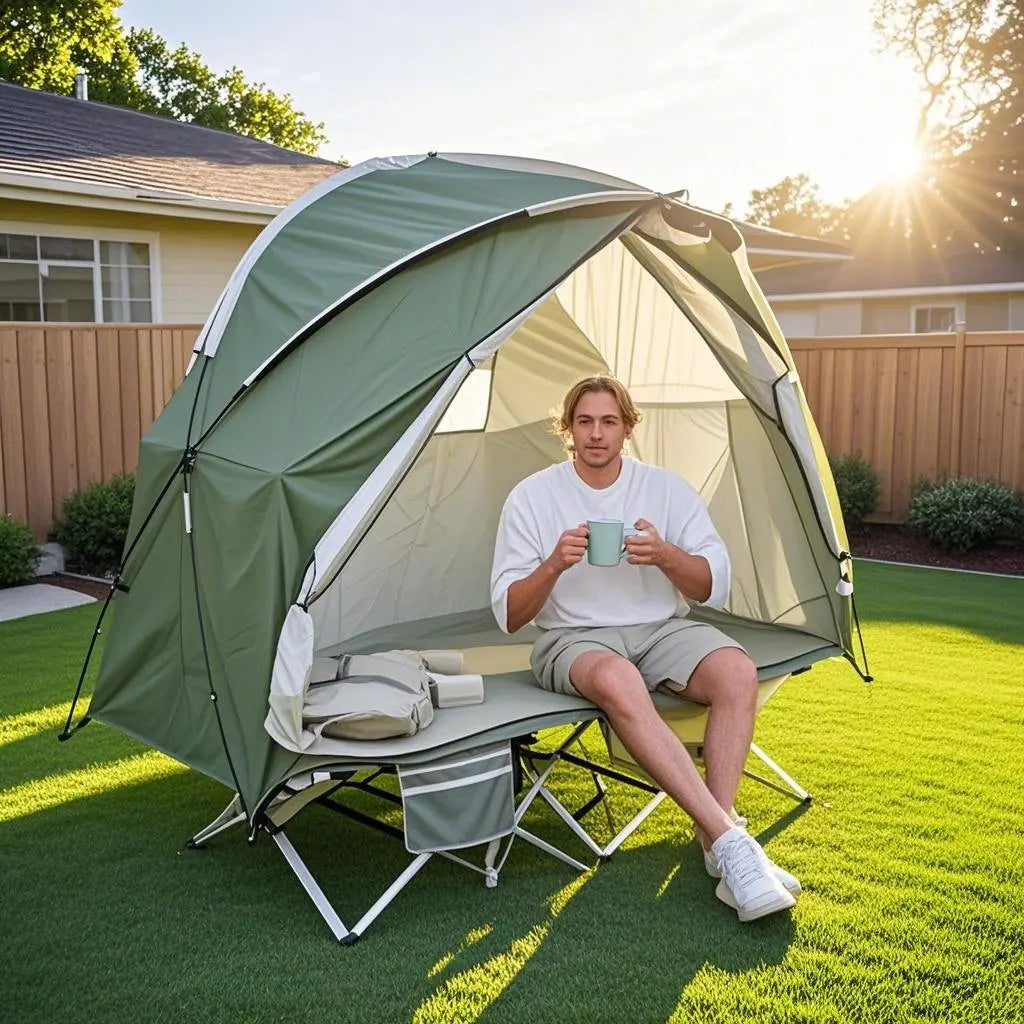 All-Season Camping Cot Tent 1-Person - Sturdy Cross-Braced Structure, for Fishing or Outdoor Activities,, Compact & Portable