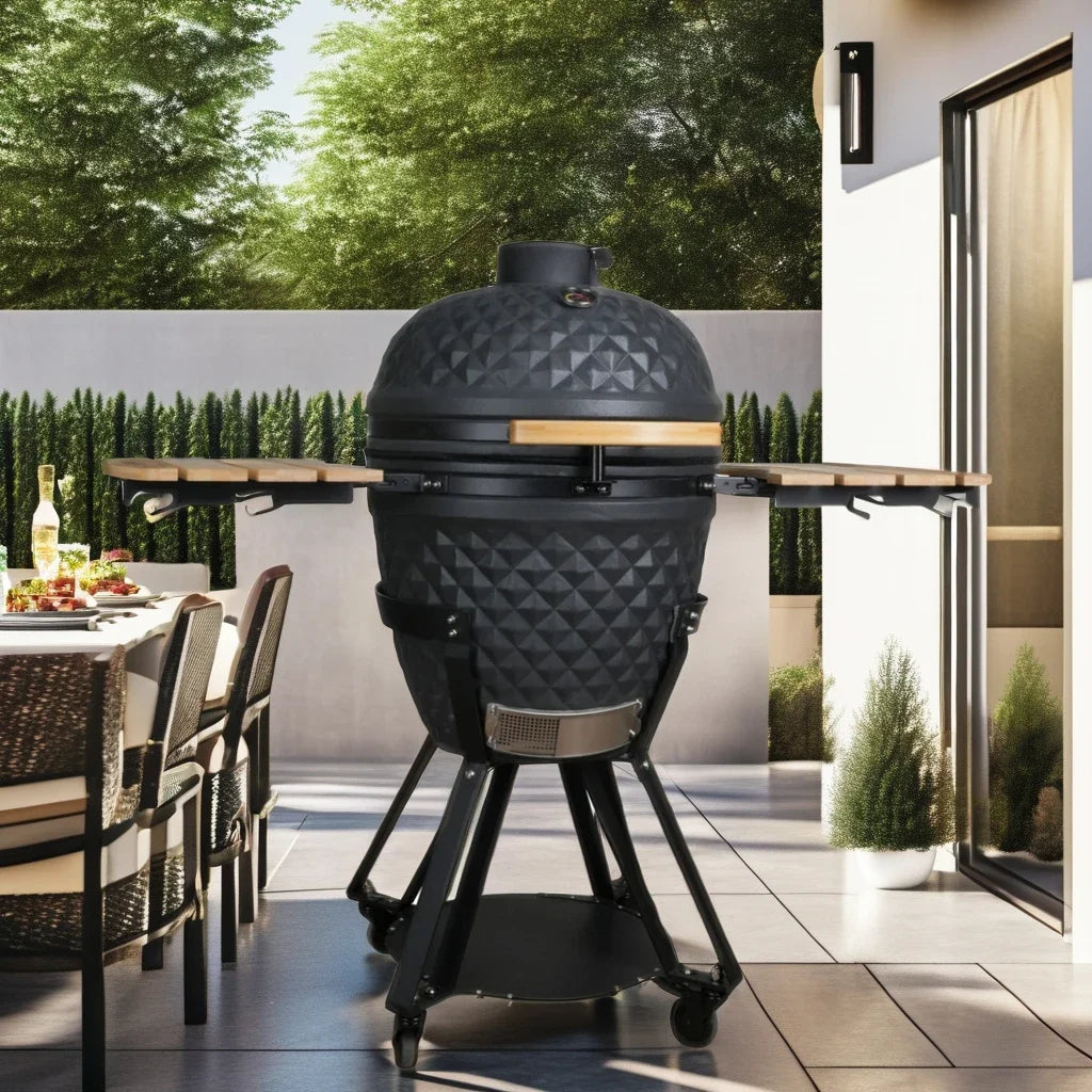 21-Inch Indoor/Outdoor Kamado  Ceramic Grill Oval Egg BBQ with Steel Iron Garden Camping  Ceramic BBQ