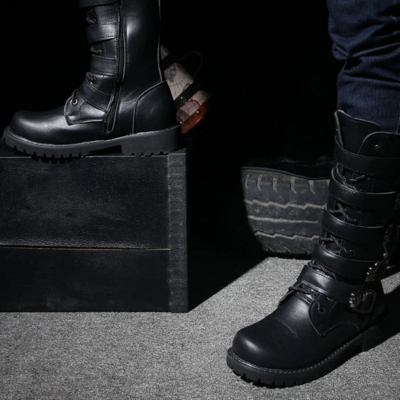 Men's Leather Motorcycle Boots Mid-calf Boots Gothic Belt Rock Punk Shoes Outdoor Black Casual Boot Winter Large Size Men Boots